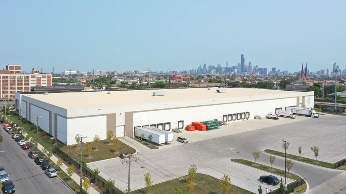 Rockwell Logistics Center with skyline view, aerial of Chicago site